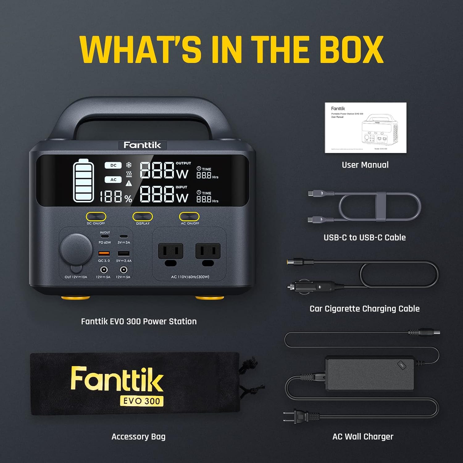 Fanttik EVO 300 Portable Power Station, 299Wh Backup Power Supply with Ultra Large Digital Screen, 2 AC 110V/300W(Peak 600W) Pure Sine Wave Outlets, Solar Generator (Solar Panel Not Included) for Outdoors Camping Travel Hunting RV Home Emergency