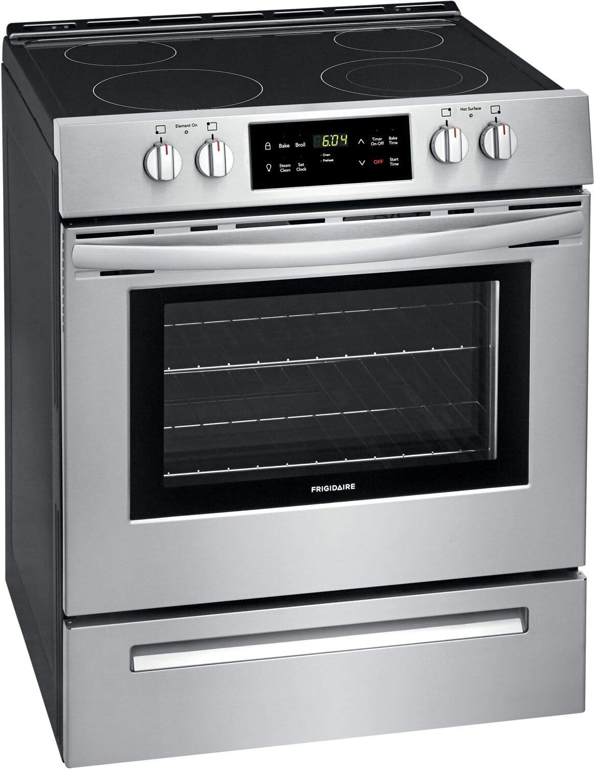Frigidaire FFEH3051VS 30 Inch Freestanding Electric Range with 4 Elements, Smoothtop Cooktop, 5 cu. ft. Total Oven Capacity, Self-Cleaning Mode, Storage Drawer, ADA Compliant, in Stainless Steel