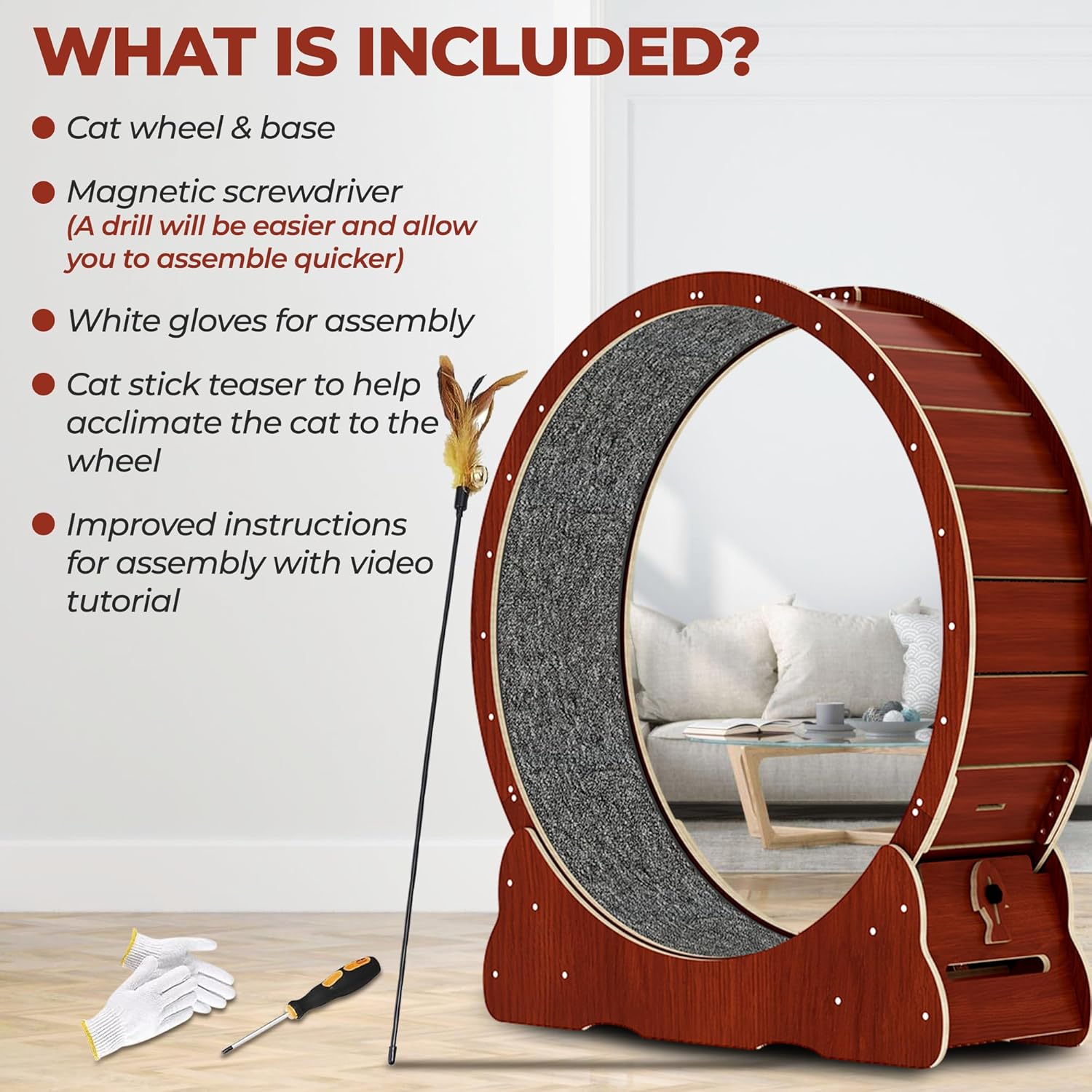Cat Exercise Wheel - Larger Wheel for Any Size Cat - Stable and Quiet Cat Wheel Exerciser for Indoor Cats - Wooden Cat Treadmill with Carpeted Runway - Easily Assembled Cat Running Wheel