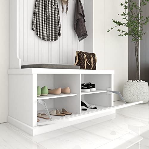 BNSPLY Hall Tree with Bench and Shoe Storage, 3 in 1 Entryway Bench with Coat Rack, Mudroom Bench with 4 Double Hooks, Entryway Furniture for Hallway (White, 40" L x 18.5" W x 64.6" H)