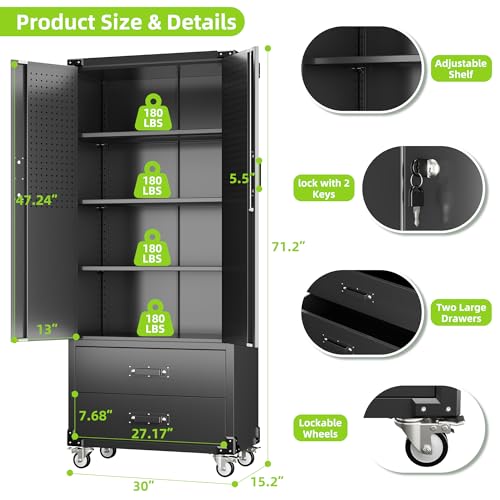 Aobabo 71" H×34" W×18" D Garage Metal Storage Cabinet with Wheels, Locking Steel Storage Cabinet with 5 Shelves and 4 Hooks, for Home Office, School, Assembly Required, Black Silver