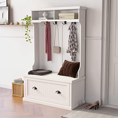BNSPLY Hall Tree with Bench and Shoe Storage, 3 in 1 Entryway Bench with Coat Rack, Mudroom Bench with 4 Double Hooks, Entryway Furniture for Hallway (White, 40" L x 18.5" W x 64.6" H)