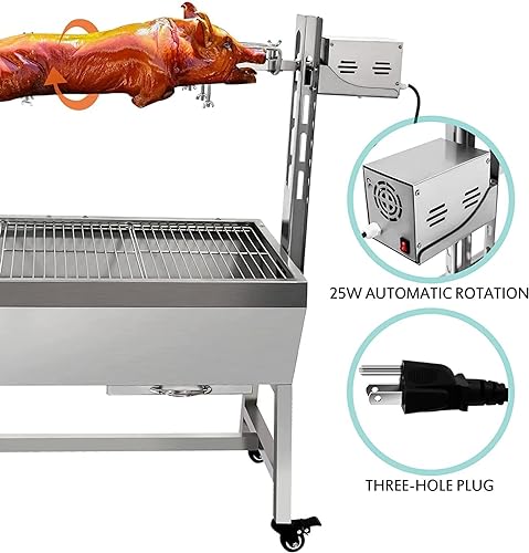 Stainless Steel Rotisserie Grill With Back Cover Guard, 25W Motor Small Pig Lamb Rotisserie Roaster, 37 Inch BBQ Charcoal Rotisserie Grill For Camping Outdoor Kitchen (with Baffle)