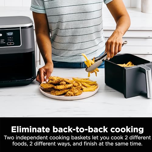 Ninja DZ201 Foodi 8 Quart 6-in-1 DualZone 2-Basket Air Fryer with 2 Independent Frying Baskets, Match Cook & Smart Finish to Roast, Broil, Dehydrate & More for Quick, Easy Meals, Grey