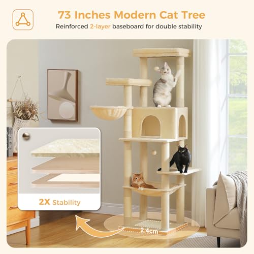 PAWZ Road Large Cat Tree, 73 Inches Tall Wooden Cat Tower with 2 Spacious Hammocks,2 Big Top Beds,8 Fully Scratching Posts and Natural Wood Posts, Multi Cat Tree for Indoor Cats Large Adult-XL