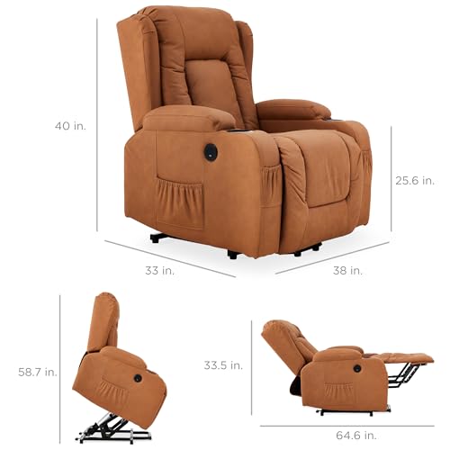 Best Choice Products PU Leather Electric Power Lift Chair, Recliner Massage Chair, Adjustable Furniture for Back, Legs w/ 3 Positions, USB Port, Heat, Cupholders, Easy-to-Reach Side Button - Brown
