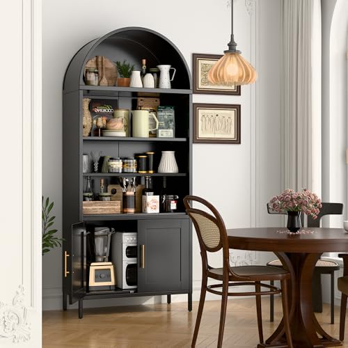 73 in Tall Metal Arched Bookcase, 5-Tier Arched Bookcase with Doors, Modern Farmhouse Bookshelf with 2 Adjustable Shelves, Kitchen Pantry Cabinet for Living Room, Black, Assembly Required