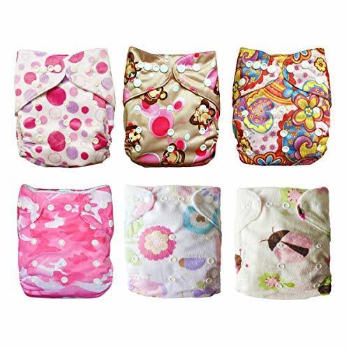 Babygoal Baby Cloth Diapers, One Size Reusable Washable Pocket Nappy, 6pcs Cloth