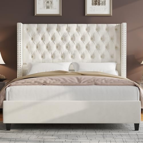 Jocisland King Upholstered Bed Frame with Tall Headboard Wingback Platform Bed Tufted Deep Button Velvet/No Box Spring Needed/Easy Assembly/Light Grey