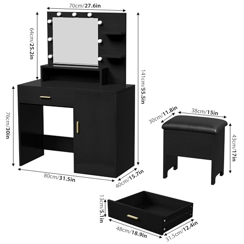 GAOMON Vanity Desk with Mirror and Lights, Makeup Vanity with Drawer, 3 Level Cabinets & 3 Tiers of Open Shelves, Bedroom Dressing Table, White
