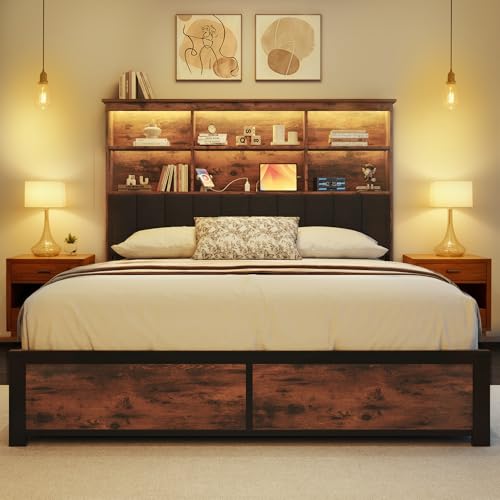 HISOFT Queen Bed Frame with Storage Headboard, Wood Bed with High Storage Bookcase, 4 Drawers & LED & Charging Station,No Box Spring Needed/Noise Free/All-Metal Support, Rustic Grey