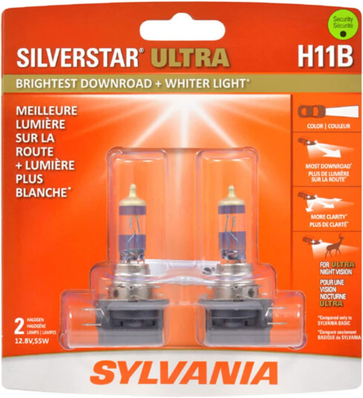 SYLVANIA - H11B SilverStar Ultra - High Performance Halogen Headlight Bulb, High Beam,Brightest Downroad with Whiter Light, Tri-Band Technology (Contains 2 Bulbs) Pack of 2