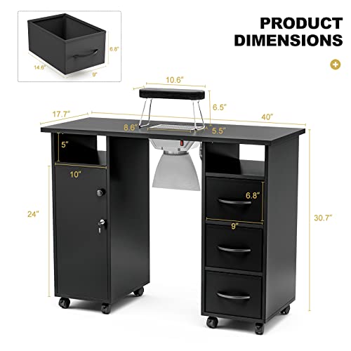 Paddie Manicure Table Nail Desk for Technician, Acetone Resistant Nail Tech Table Nail Table Station w/Dust Collector, Wrist Cushion, Non-Woven Drawers, Lockable Wheels & Cabinet (Black)