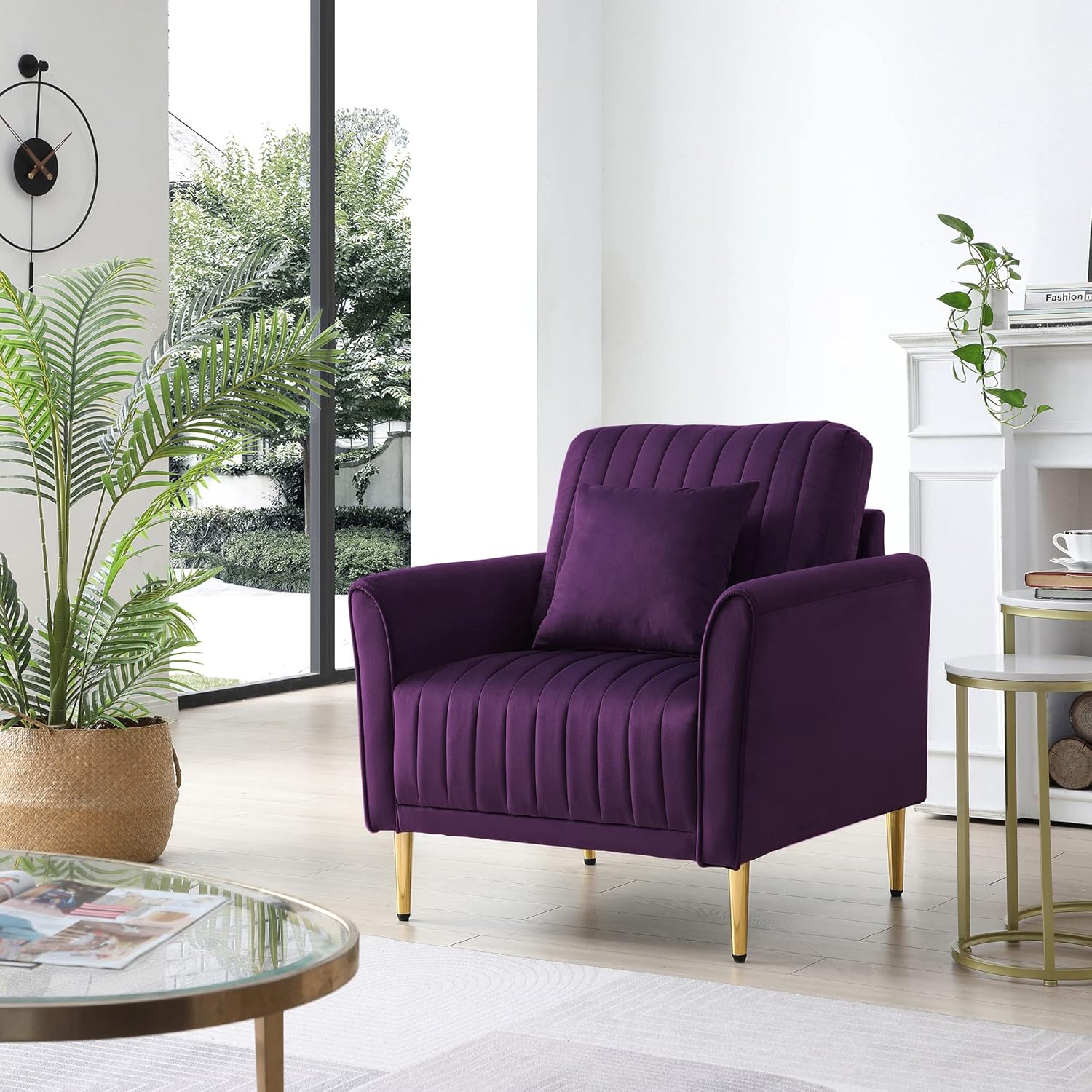 CHARMMA Modern Soft Velvet Accent Chair Living Room Chair Bedroom Chair Home Chair with Gold Legs, Purple