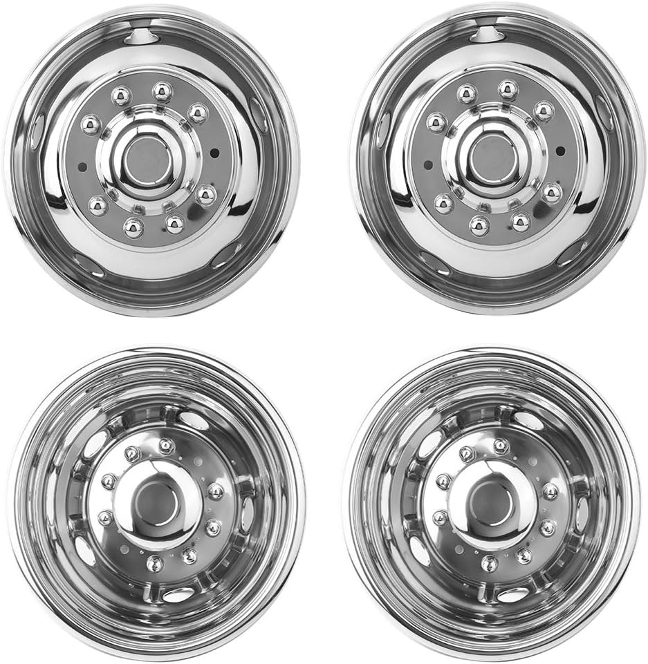 Deebior 4pcs 17inch Polished Stainless Steel Dually Wheel Simulators, Nice looking and Durable Bolt On Wheel Cover, 8 Lug 4 Hand Hole Hubcaps Fit for 2005-2021 Ford F350 with Installation Tool Kit A8P