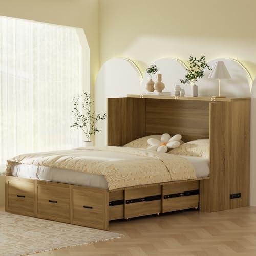 Full Size Murphy Bed Wood Wall Bed Cabinet with Large Drawer Space-Saving Hidden Foldable Platform Bed Chest Mobile Cabinet Bed Frame Storage Cabinet with USB Ports for Bedroom, Guest Room,Natural
