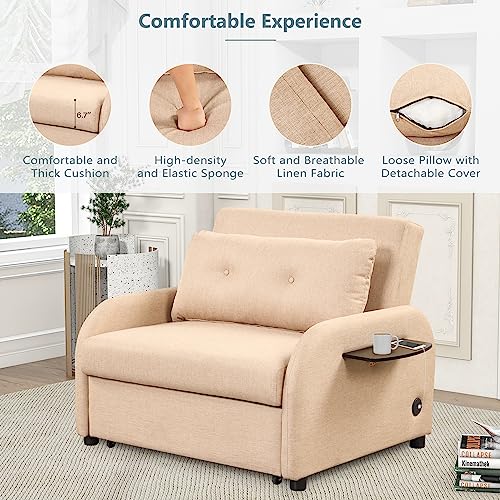 Pull Out Sleeper Chair Convertible Chair to Bed 3-in-1 Single Sofa Bed with Adjustable Backrest Comfy Chaise Lounge Chair Indoor Modern Recliner Chair Compatible with Living Room Bedroom, Teal ,bed fr