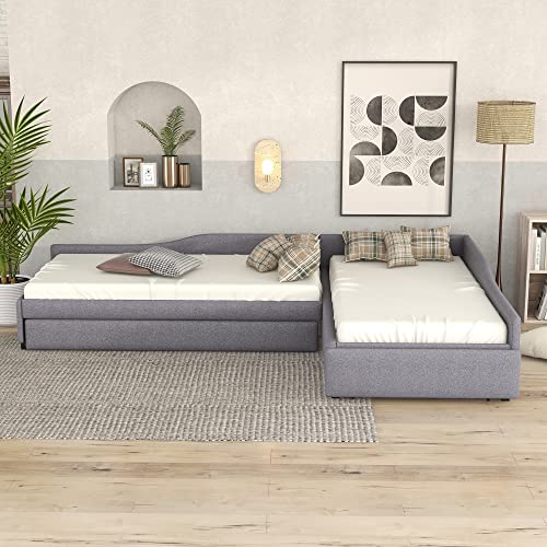 SOFTSEA Upholstered Double Twin Size Daybed with Trundle and Drawer, Twin Size Double Beds Corner Bed, 3 Beds in 1, Gray
