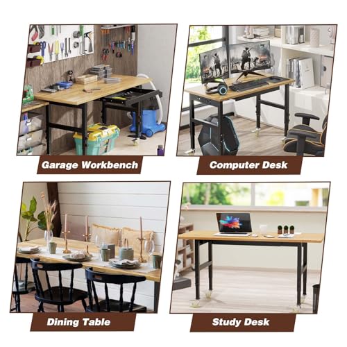 Workbench, 60" Adjustable Height Work Table with Power Outlet, Drawer and Wheels, 2000 LBS Load Capacity Hardwood Work Bench for Garage, Workshop, Home, Office (60" X 24")