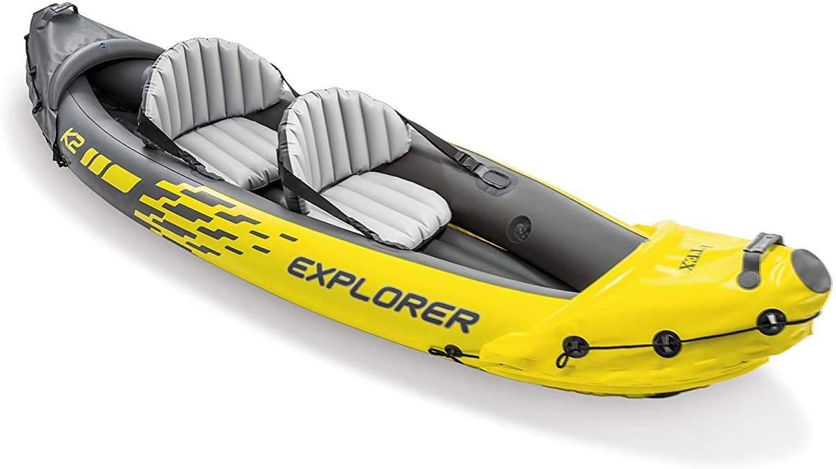 Intex Explorer K2 2-Person Inflatable Kayak with 2 Aluminum Oars and Pump and Challenger K1 1-Person Inflatable Kayak with 1 Oar, Hand Pump and Skeg