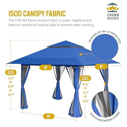 CROWN SHADES 13x13 Pop Up Gazebo, Canopy Tent, Gazebos on Clearance - Outdoor Gazebo for Backyard & Patio Furniture - Carpa Pop Up Tent with Wheeled STO-N-Go Cover Bag (Grey)