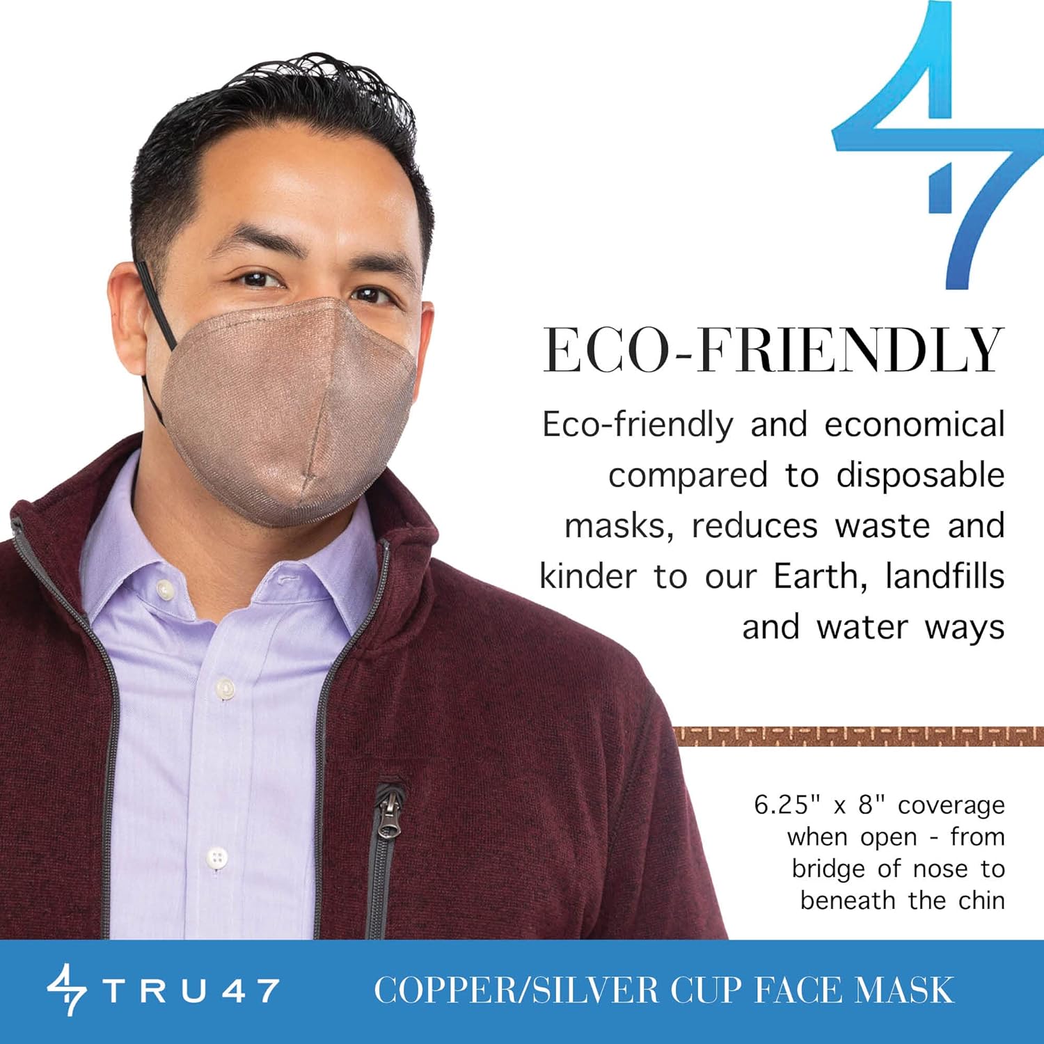 TRU47 Copper and Silver Cup Face Mask - Triple Protection Face Mask with Copper Fabric and Two Layers of 99.99% Ionically Plated Silver / Full-Coverage Face Mask for Added Protection
