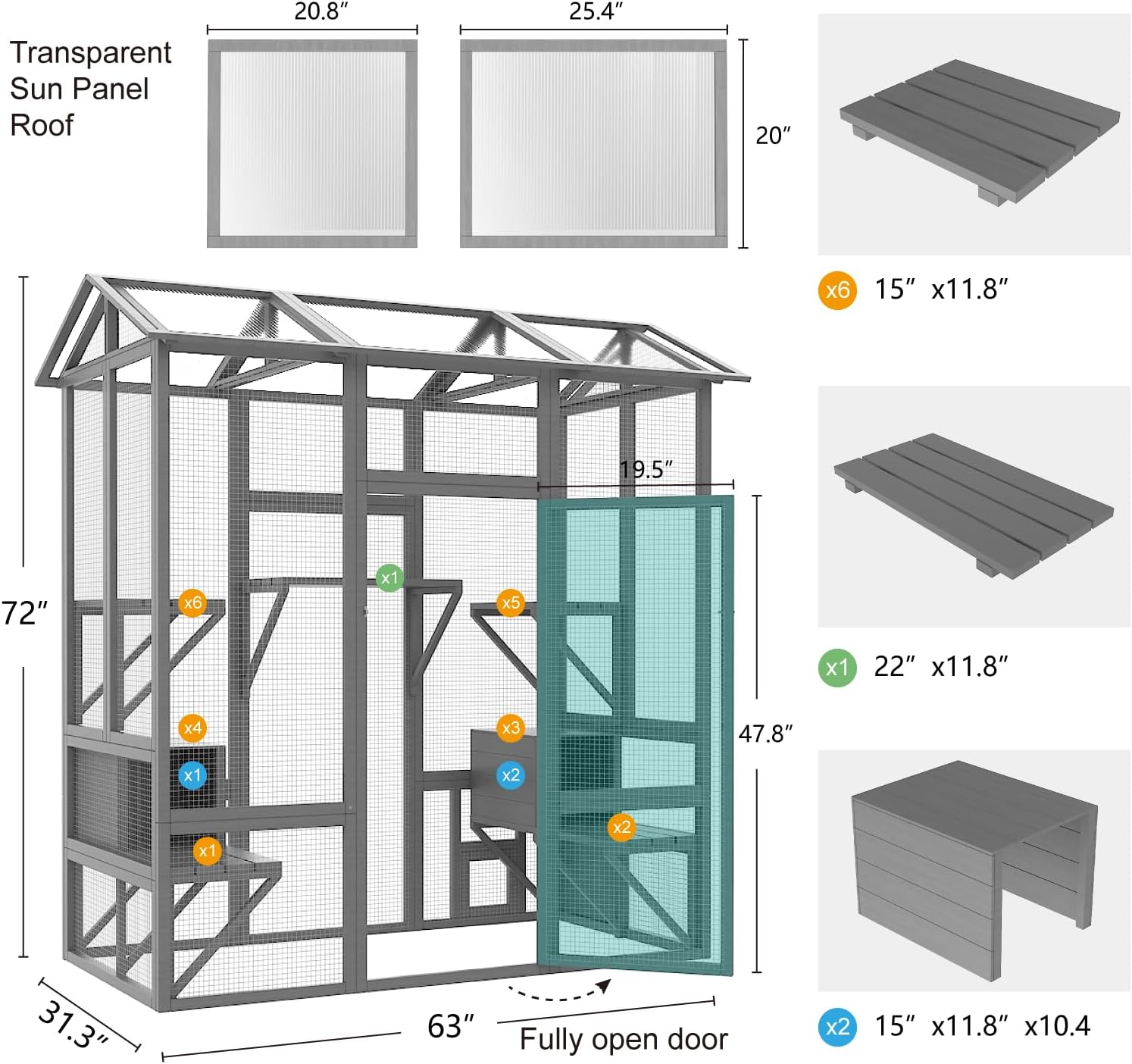 Cat Catio, Large Cat House Outdoor, Outside Cat Enclosure with Sunshine Panel Roof and Waterproof Cover, Wooden Cat Cage with 7 Platforms & 2 Resting Box, Walk in Feral Cat Shelter, 72 inch