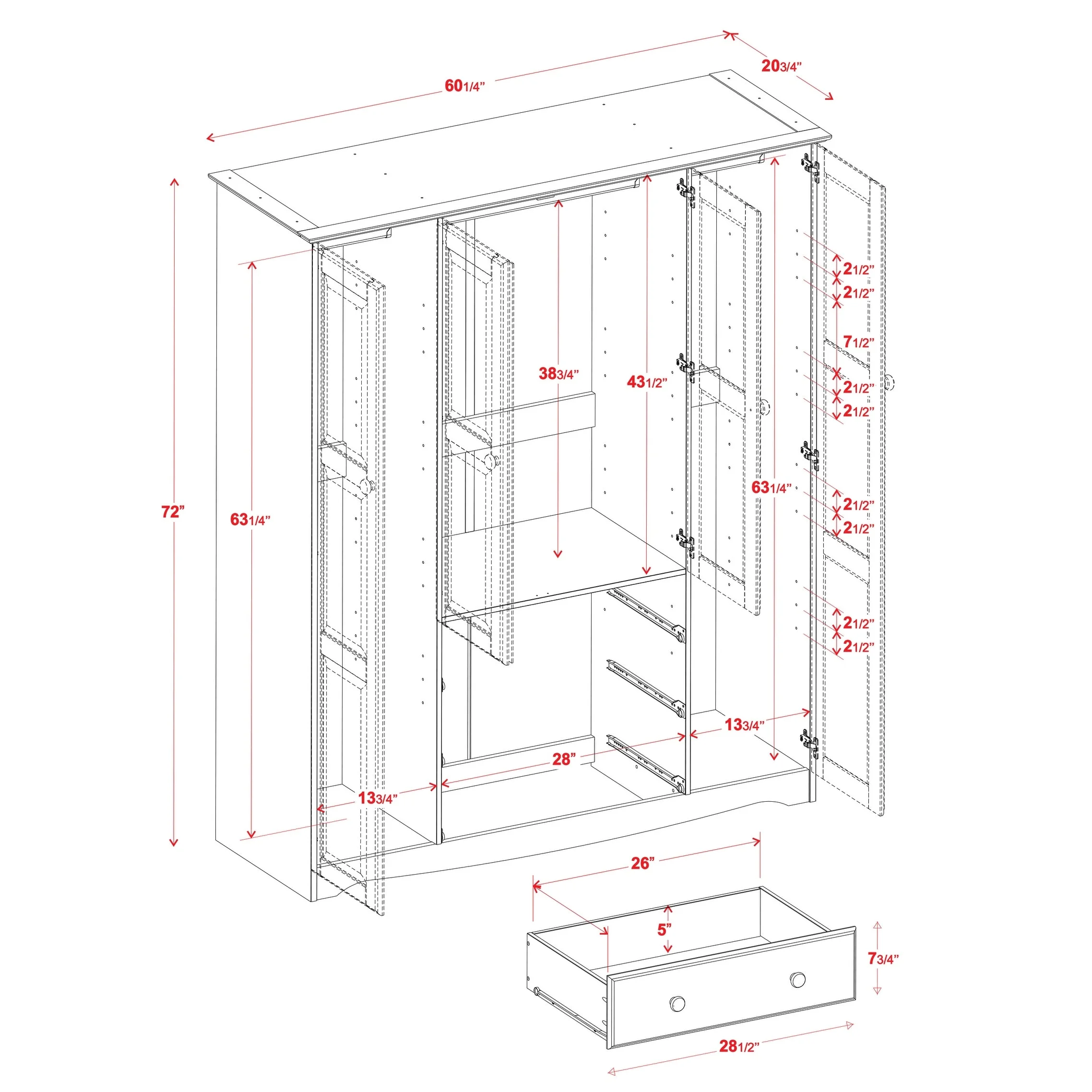 Palace Imports, Inc. Palace Imports 100% Solid Wood Family 4-Door Wardrobe Armoire with Metal or Wooden Knobs White-Metal Knobs