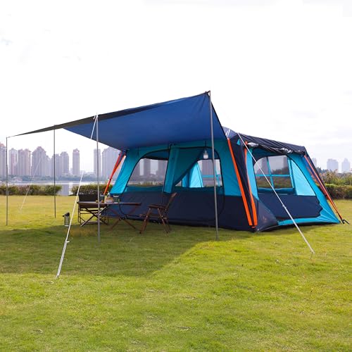 KTT Extra Large Tent 10-12-14 Person(Style-B),Family Cabin Tents,2 Rooms,3 Doors and 3 Windows with Mesh,Straight Wall,Waterproof,Double Layer,Big Tent for Outdoor,Picnic,Camping,Family Gathering