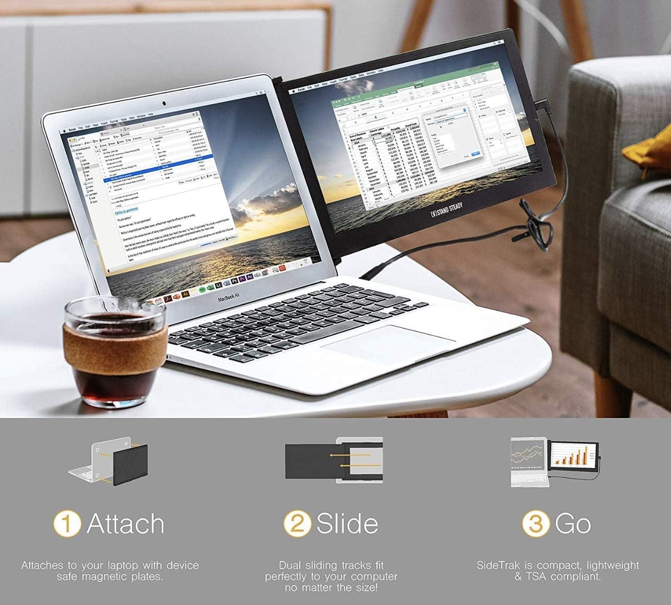 SideTrak Portable Monitor for Laptop 12.5" FHD 1080P IPS Attachable Laptop Screen | Efficient USB Power | Compatible with Mac, Linux, Chromebook 13" -17" Laptops (Patent Pending) | Improved Version