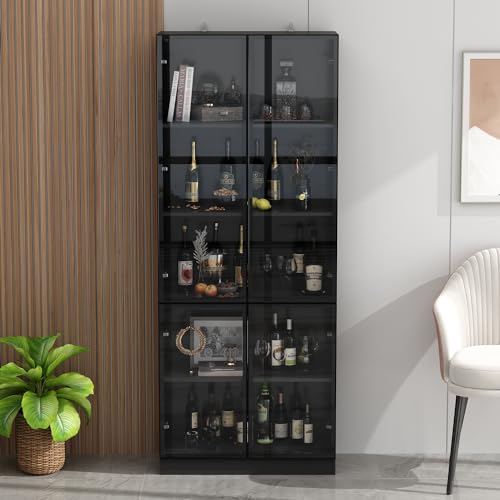 Hitow Glass Door Cabinet with Lights and 4 Storage Shelves, Tall Modern Display Storage Organizer with 2 Drawers and 2 Doors, Wooden Bookcase Bookshelf for Living Room, Home Office, Black