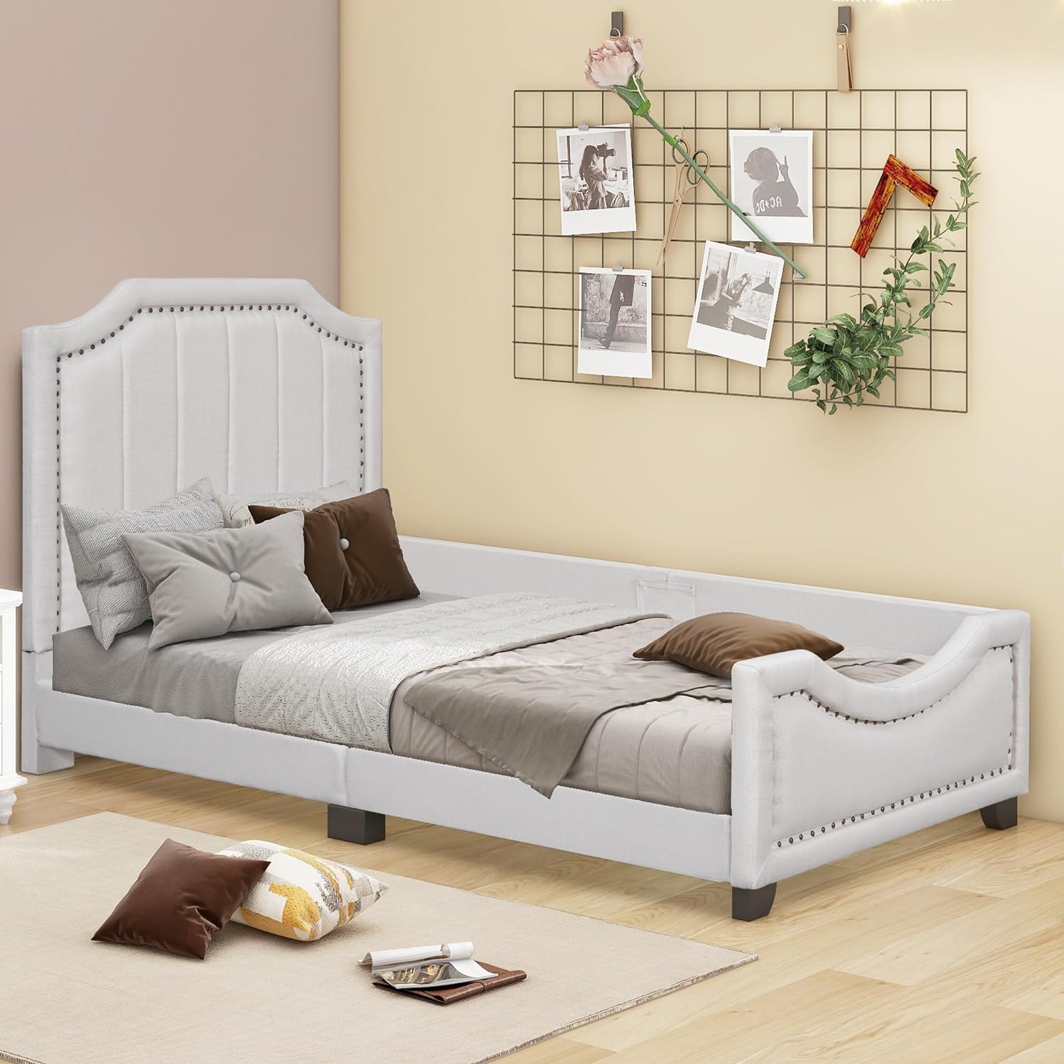 Upholstered Bed With Headboard, Low Platform Bed Frame With Rails For Kids, Lie Fabric Child Bed For Girls Boys Tees, Beige