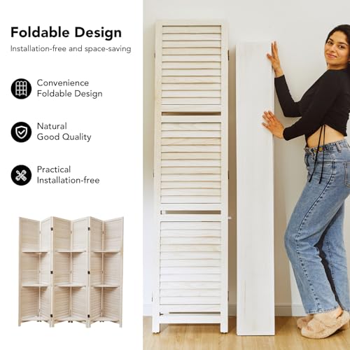 Room Divider with Shelves, 5.6 Ft Tall Folding Wood Screen with Double Hinges for Home Office Bedroom Hotel Decoration (6 Panels, Brown)