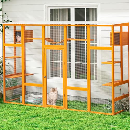 COZIWOW Catio Outdoor Cat Enclosure Window Catios for Indoor Cats Outside Patio Wooden Cattery with Large Door, Walks, Waterproof Roof, Resting Box, 104" L Extra Wide, Orange