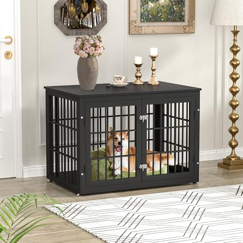 48 Inch Heavy Duty Dog Crate Furniture for Large Dogs, Decorative Pet House End Table, Extra Large Wooden Cage Kennel Furniture Indoor, Natural and White