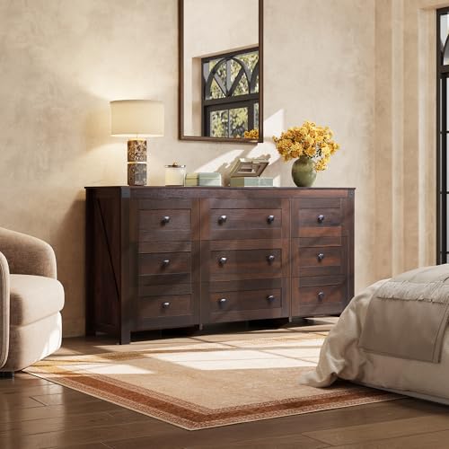 WLIVE 9 Drawer Dressers, Modern Large Wood Dresser Chest for Bedroom Organize with Sturdy Metal Handle, TV Stand for 75 inch TV, Living Room Office, Hallway, Ball Bearing Slide, Grey Oak (63" W)