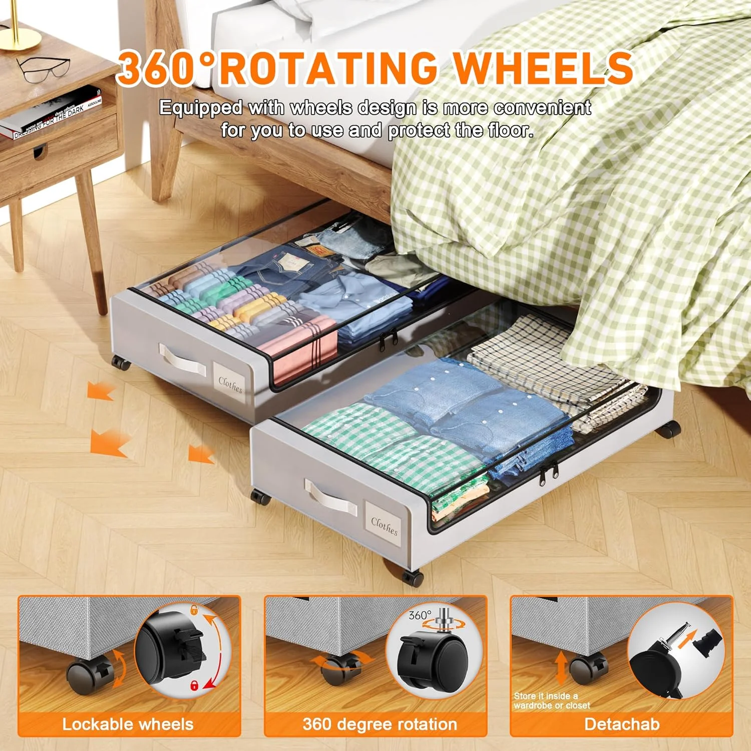 Under Bed Storage with Wheels, 4-Pack Under Bed Storage Containers with Clear Lids, XXL 60L Under the bed storage Organizer Bins, Rolling Under Bed Metal Drawer for Clothes,Shoes,Toys (Gray)