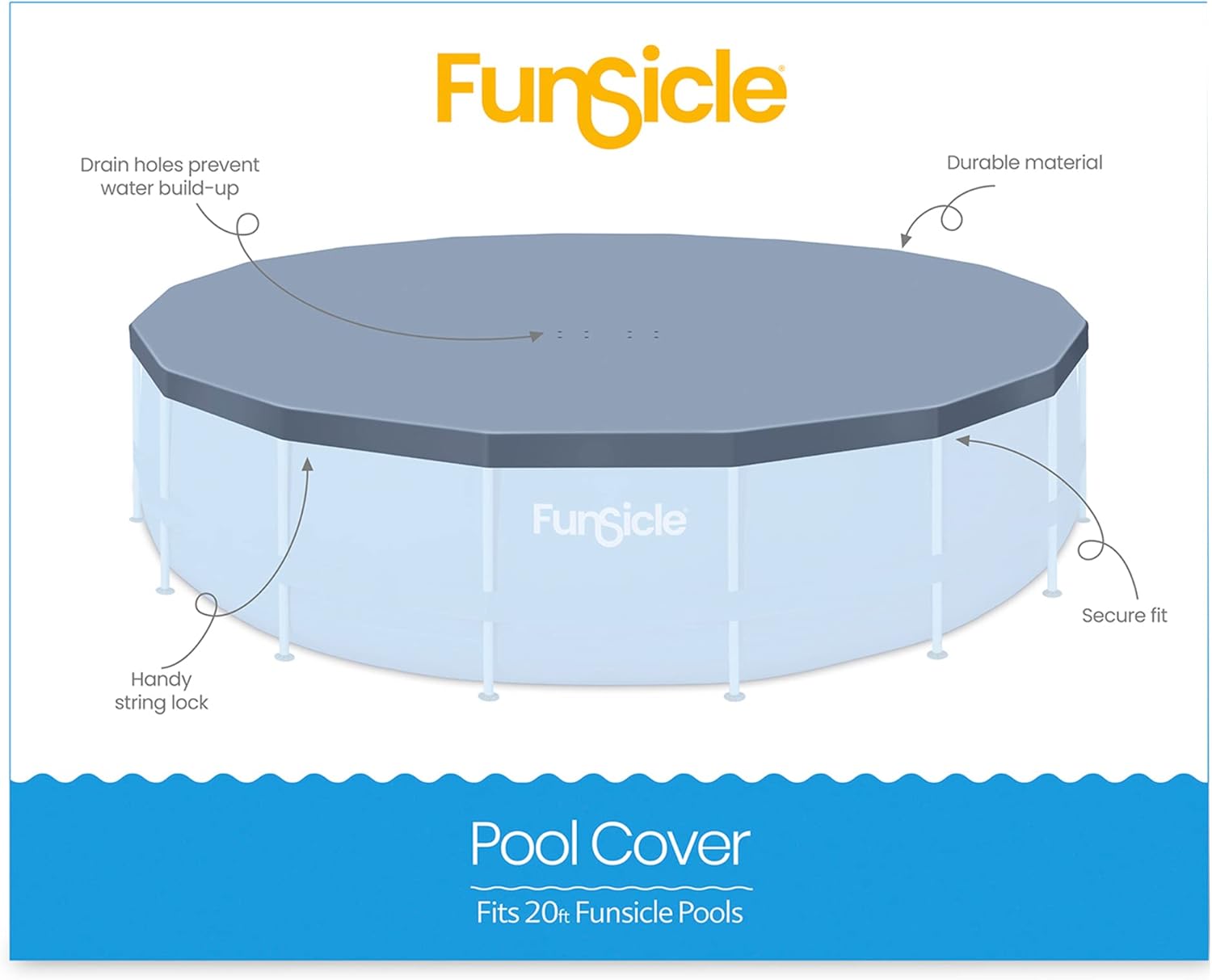 Funsicle 20' x 48" Oasis Round Frame Above Ground Swimming Pool Outdoor Backyard Summer Set with 20' Secure Debris Pool Cover, Dark Herringbone