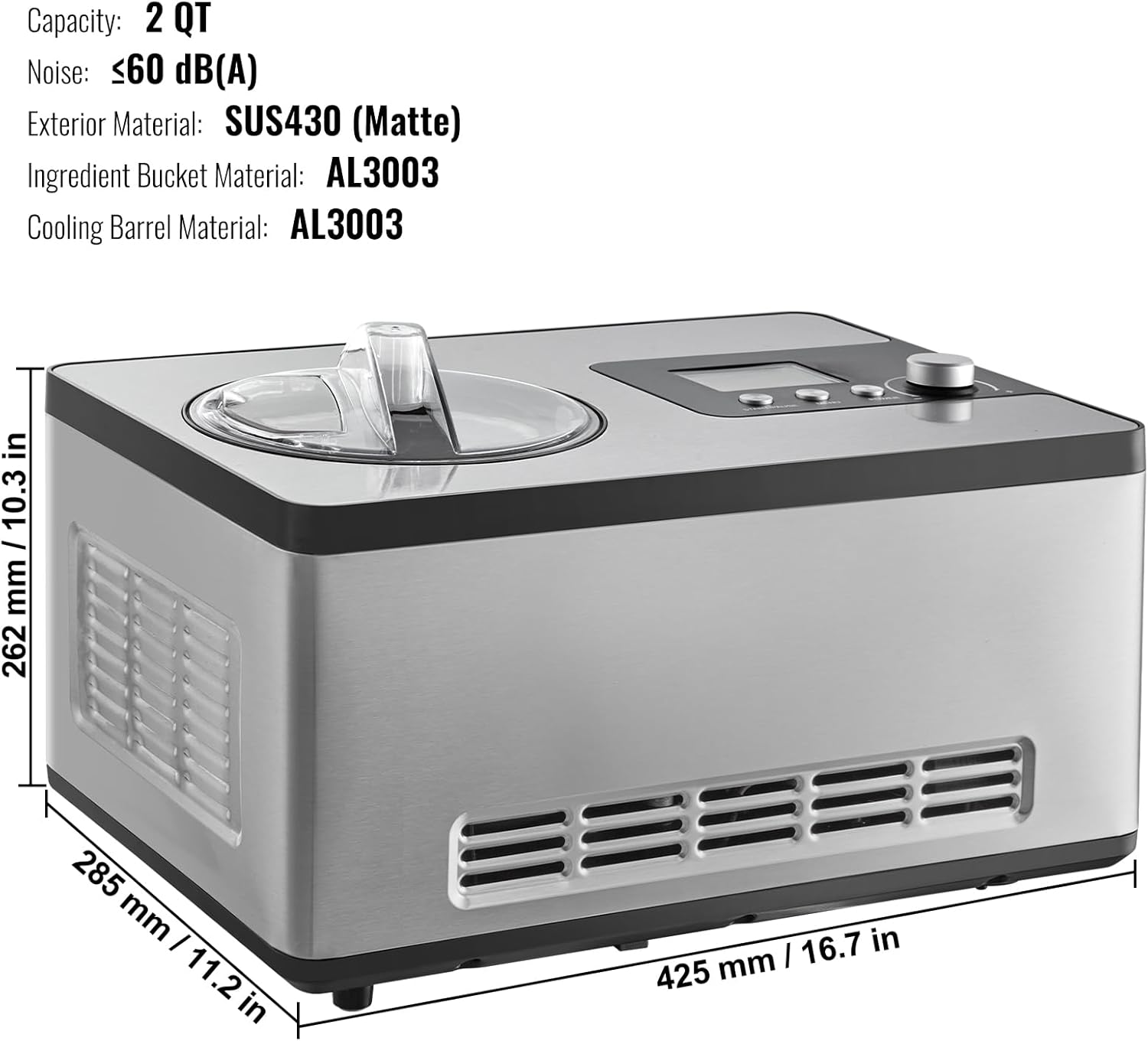 VEVOR Automatic Ice Cream Maker with Built-in Compressor, 2 Quart No Pre-freezing Fruit Yogurt Machine, Stainless Steel Electric Sorbet Maker, 3 Modes Gelato Maker with LCD Display & Timer, Silver