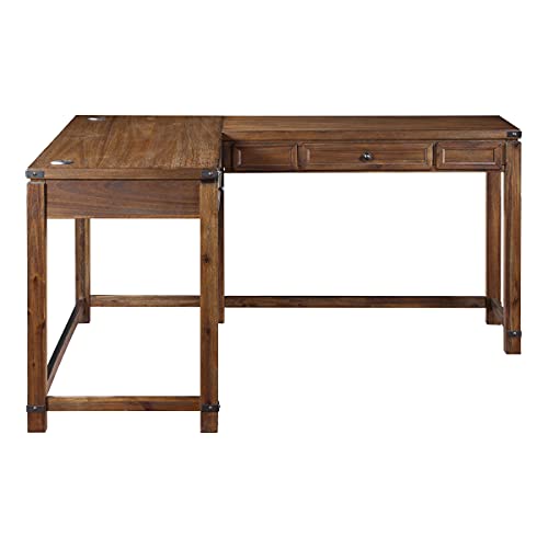 OSP Home Furnishings Baton Rouge Rustic L-Shape Office Desk with Power Port Drawer, Champagne Oak Finish