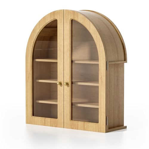 Large Arched Wall Cabinet, Bathroom Medicine Wall Mounted Cupboard, Modern Floating Storage Cabinet with Acrylic Door Adjustable Shelf, Wood Organizer (Natural Oak)