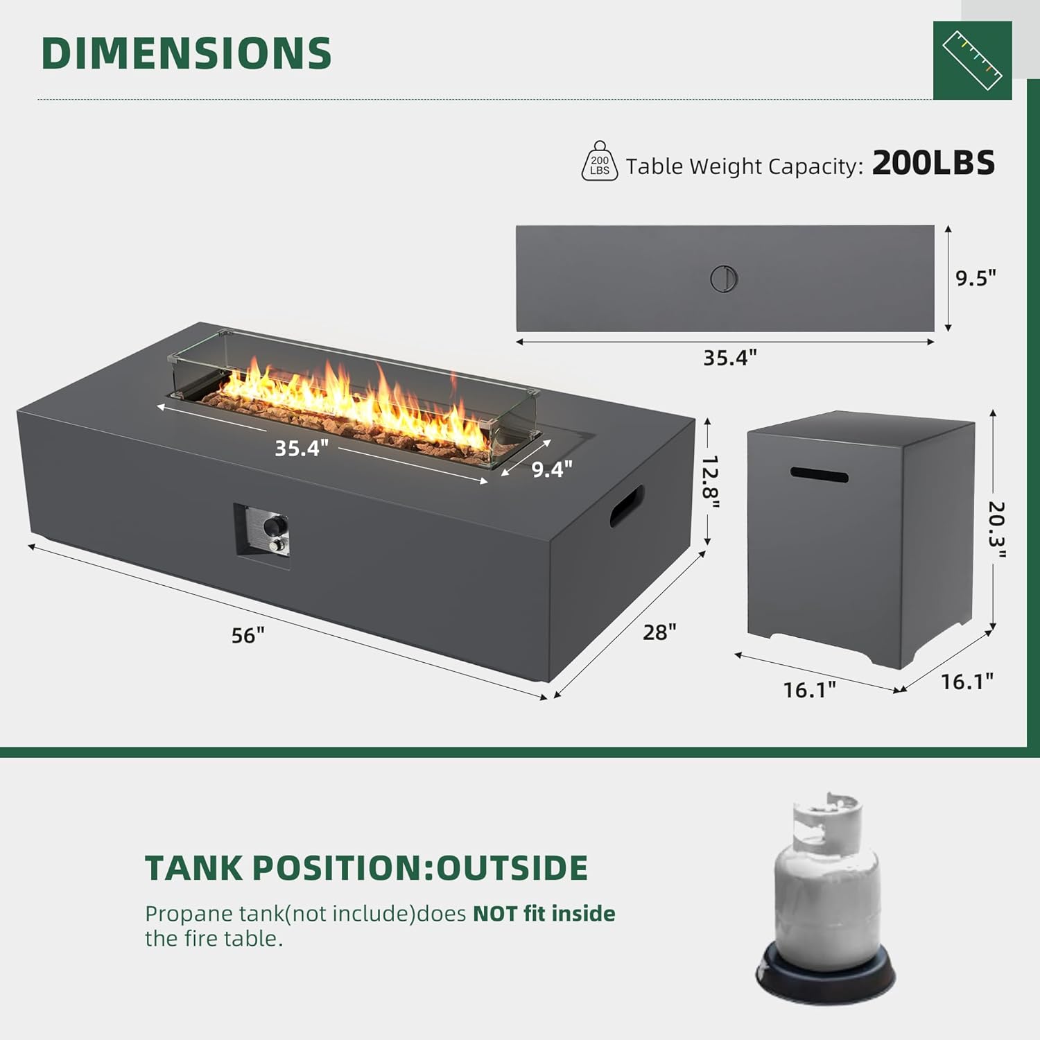56-inch Outdoor Propane Gas Fire Pit Table 50000 BTU Iron Rectangle Fire pit for Outside Patio with Propane Tank Cover, Wind Guard, Removable Lid, Lava Rocks, Rain Cover, Grey