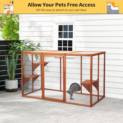 Catio Outdoor Cat Enclosure,71" L Outside Cat House Weatherproof, Wooden Large Catios for Cats Patio, Cat Houses with 3 Platforms,Grey