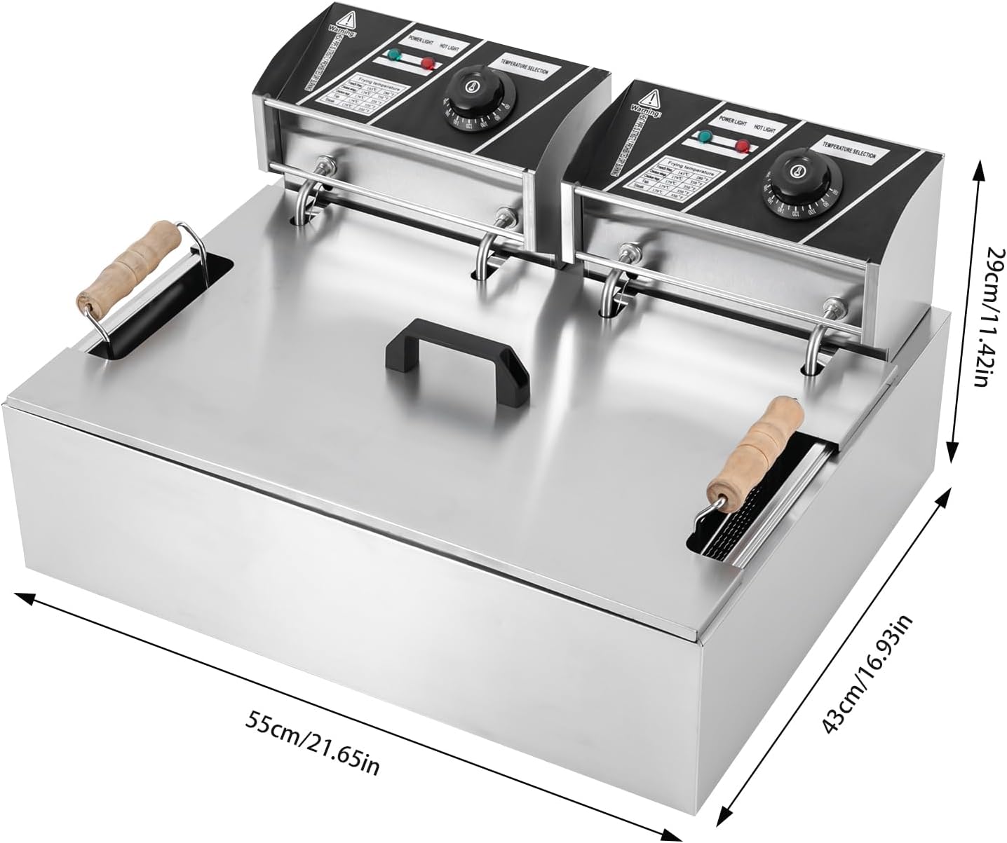 12L Electric Stainless Steel Deep Fryer with 1 Large and 2 Small Frying Baskets, 1.7KW+1.7KW 110V Countertop Deep Fryer Accurate Temperature Control Oil Fryer Kitchen Large-Capacity Frying Machine