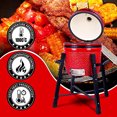 Ceramic Kamado Charcoal BBQ Grill and Smoker, Stainless Steel Grates -15" Ceramic with Tall Stand (BLACK)