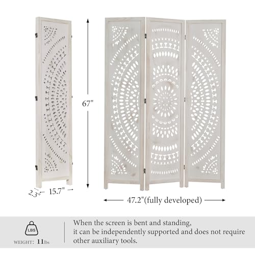 Room Divider Wood Carved Wall Divider Indoor Folding Bohemian Style Portable Partition Screen for Home Office Garden Terrace - 6 Panels (Antique, White-Washed)