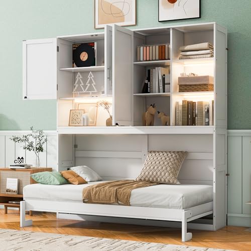 SOFTSEA Twin Murphy Bed with Storage Bookcase and Shelves, Horizontal Wall Bed with LED Light & Charging Stations, Space-Saving for Living Room, Guest Room, Bedroom, Office, Grey