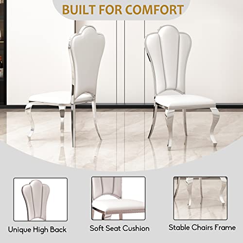 Goujxcy White Marble Dining Table Set for 6, Luxury Silver Kitchen Table and Chairs Set of 6, 70" Faux Marble Rectangle Dining Room Table with 4 Leather Chairs,Modern 7-Piece Dining Table Set