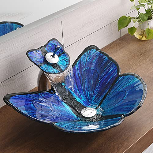 Bathroom Vessel Sink, Tempered Glass Vessel Butterfly Sink Artistic Top Mount Installation Bathroom Sinks with Pop Up Drain Waterfall Faucet,Blue