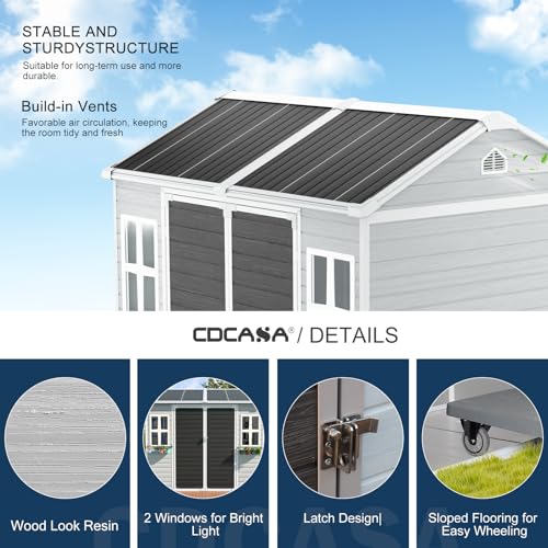 CDCASA 8x6 FT Resin Storage Shed, Waterproof Large Outdoor Sheds with Floor & Lockable Door & 2 Windows, Plastic Tool Shed for Outside, Backyard, Patio, Poolside, Bike, Dove Grey